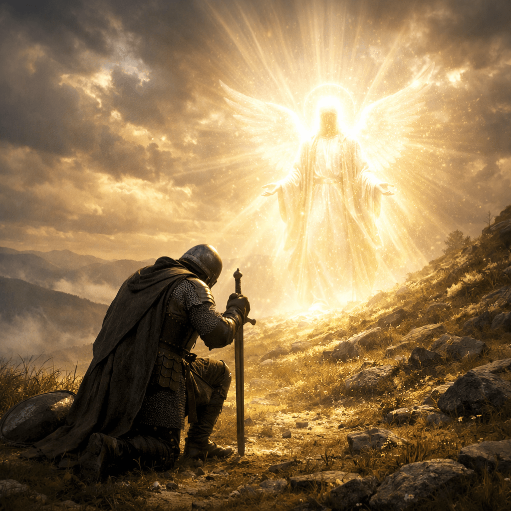 Kneeling knight facing glowing angelic figure on rocky terrain
